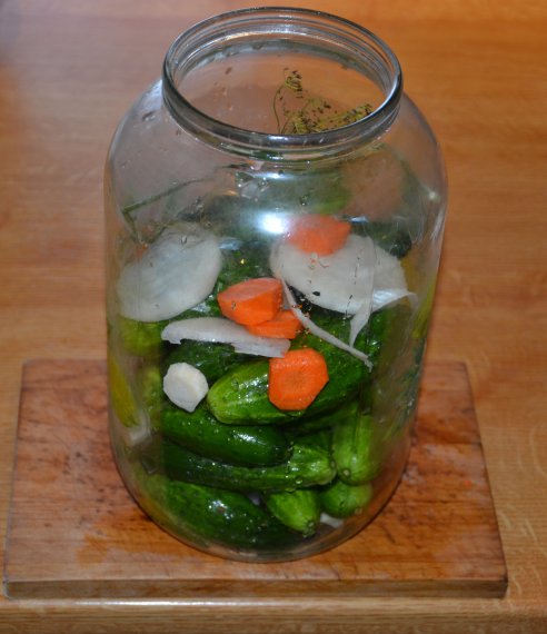 Propíchané okurky narstvíme asi do poloviny sklenice a opět přidáme nakrájenou zeleninku a kopr.